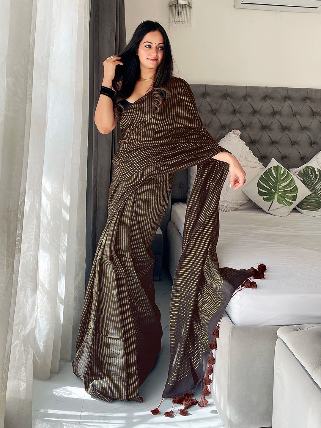 Anouk Striped Pure Cotton Designer Khadi Saree