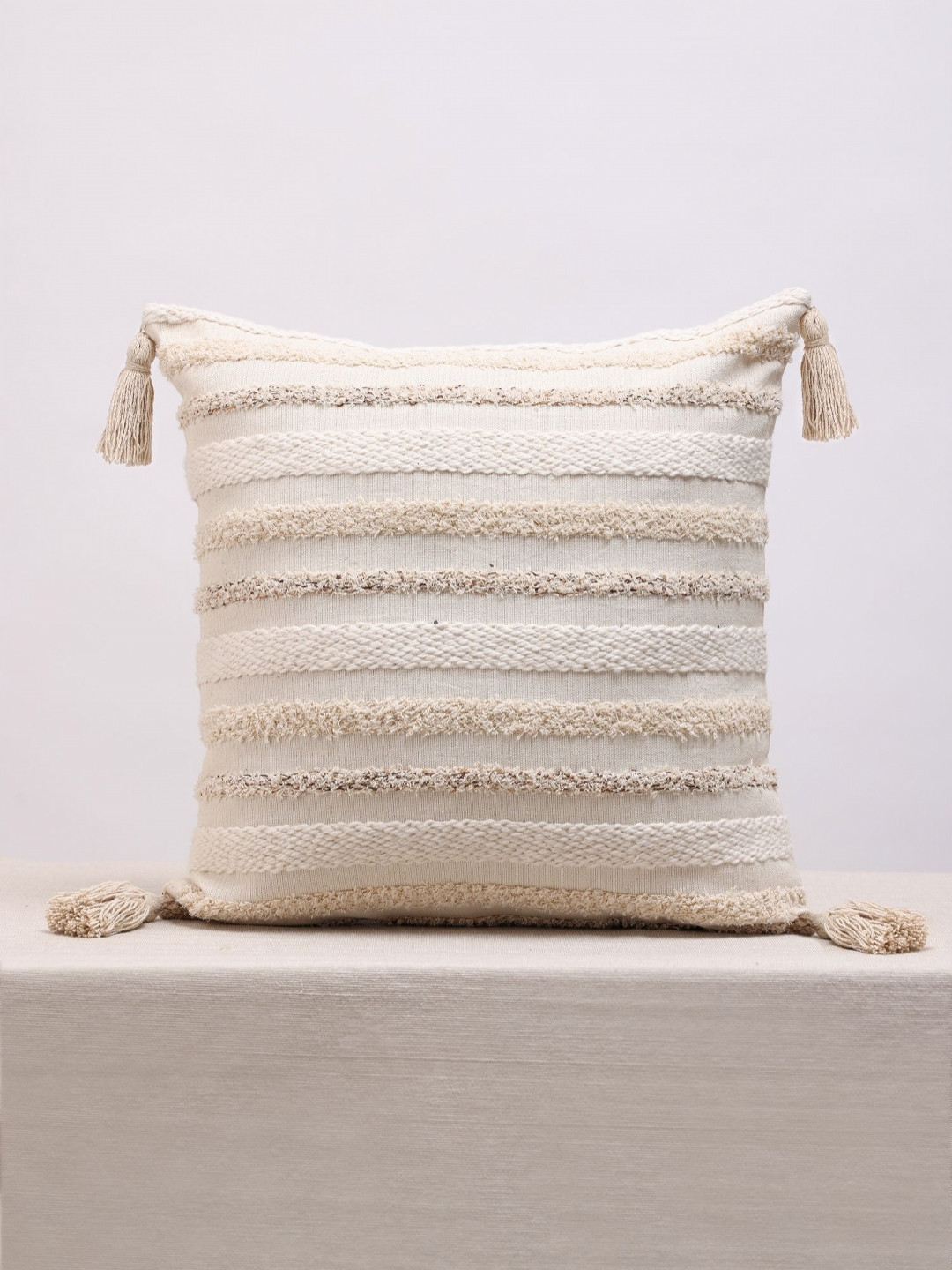 ANWYN Modern Indie Cream-Coloured Self Design Cotton Square Cushion Cover