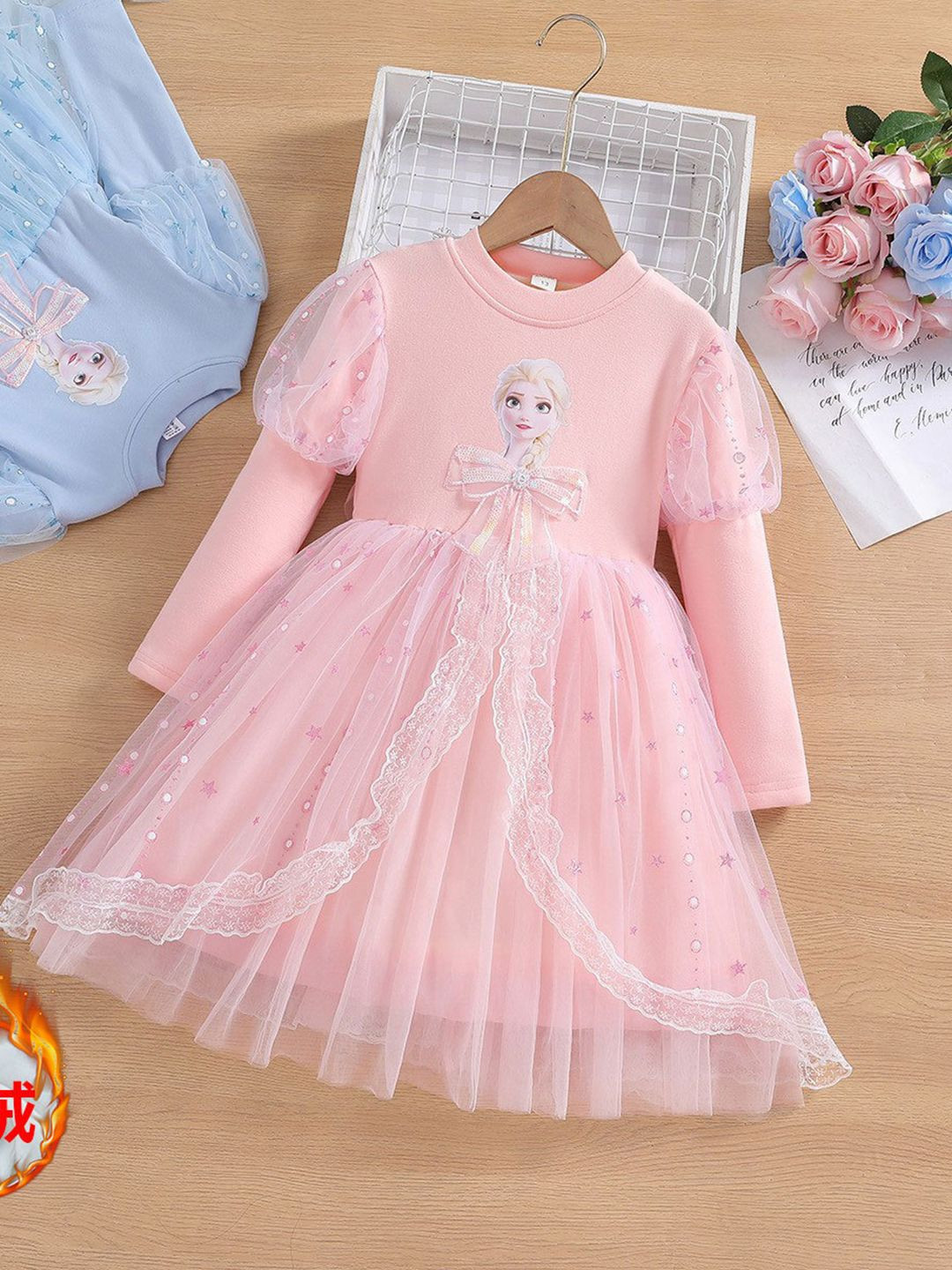 YK Girls Elsa Print Tulle Knee Length Fit and Flare Dress