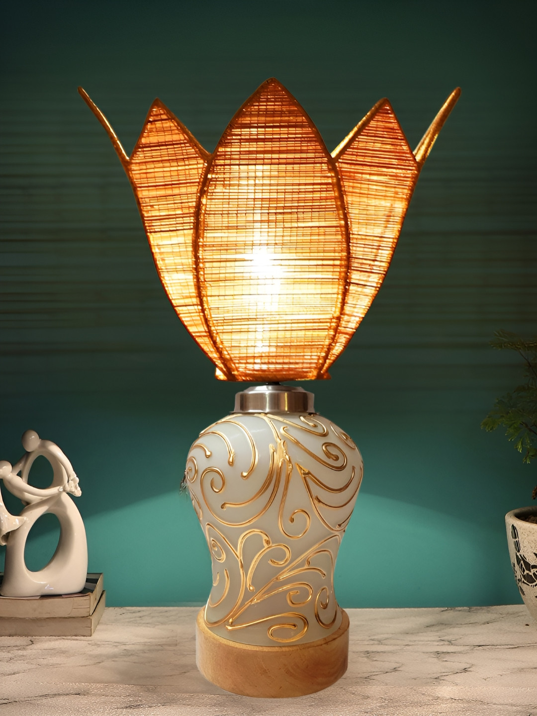 Aura Beige & Gold-Toned Rose Shape Glass & Wooden Table Lamp