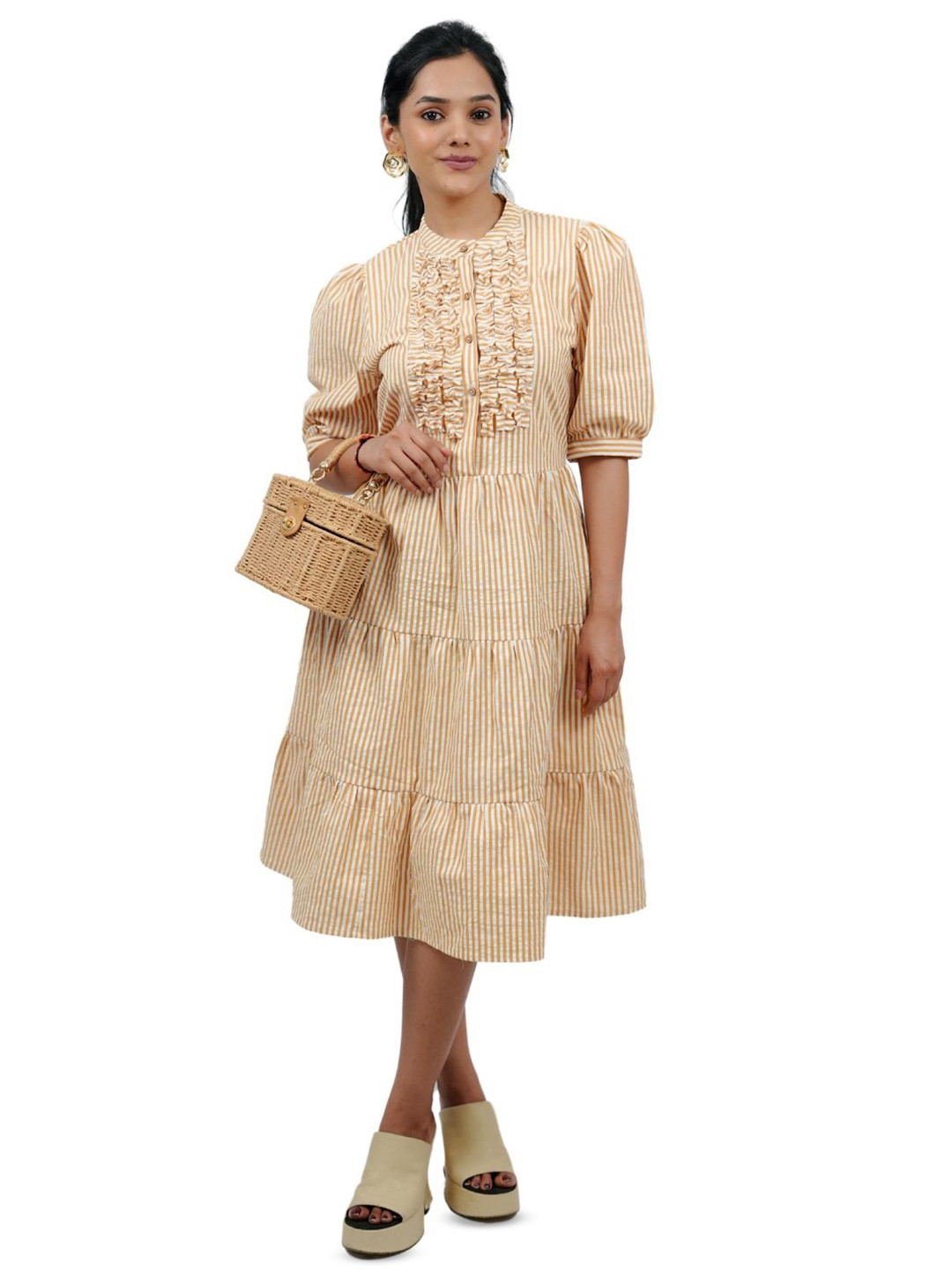 BELLO DONA CLOTHING Striped Printed Fit & Flare Tiered Midi Dress