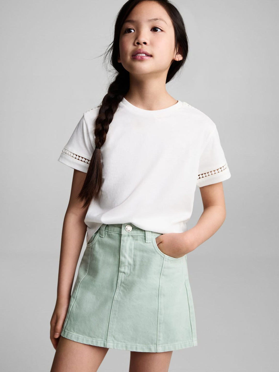 Mango Kids GirlsTwill Pure Cotton Denim Skirt With Frayed Hem