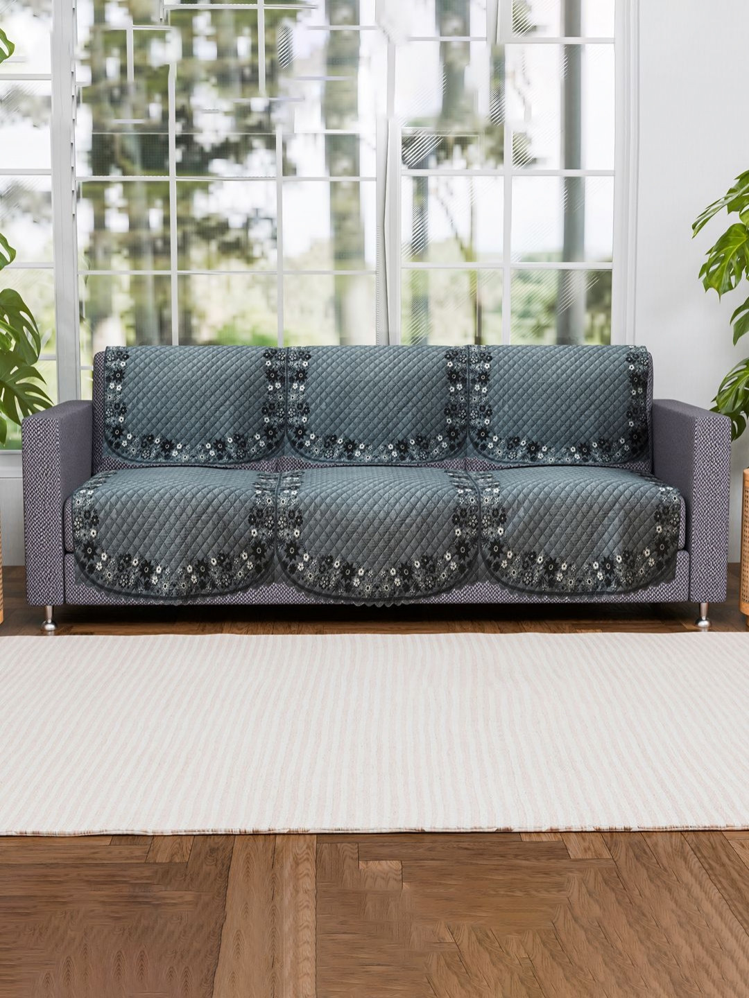 Myntra Elegant Homes 10 Pieces Grey & Black Quilted Checked 5 Seater Sofa Covers