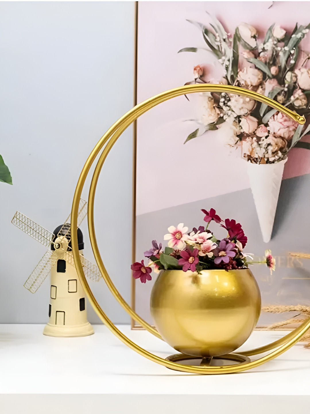 Vespers Yellow Geometric Metal Wire Moon Flower Vase