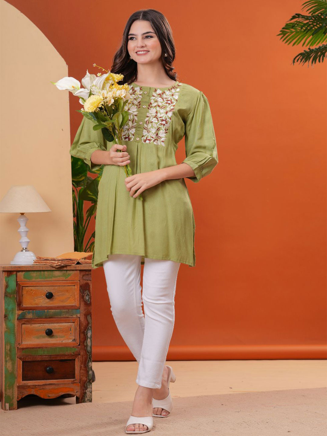 JC4U Floral Yoke Design Thread Work A-Line Short Kurti