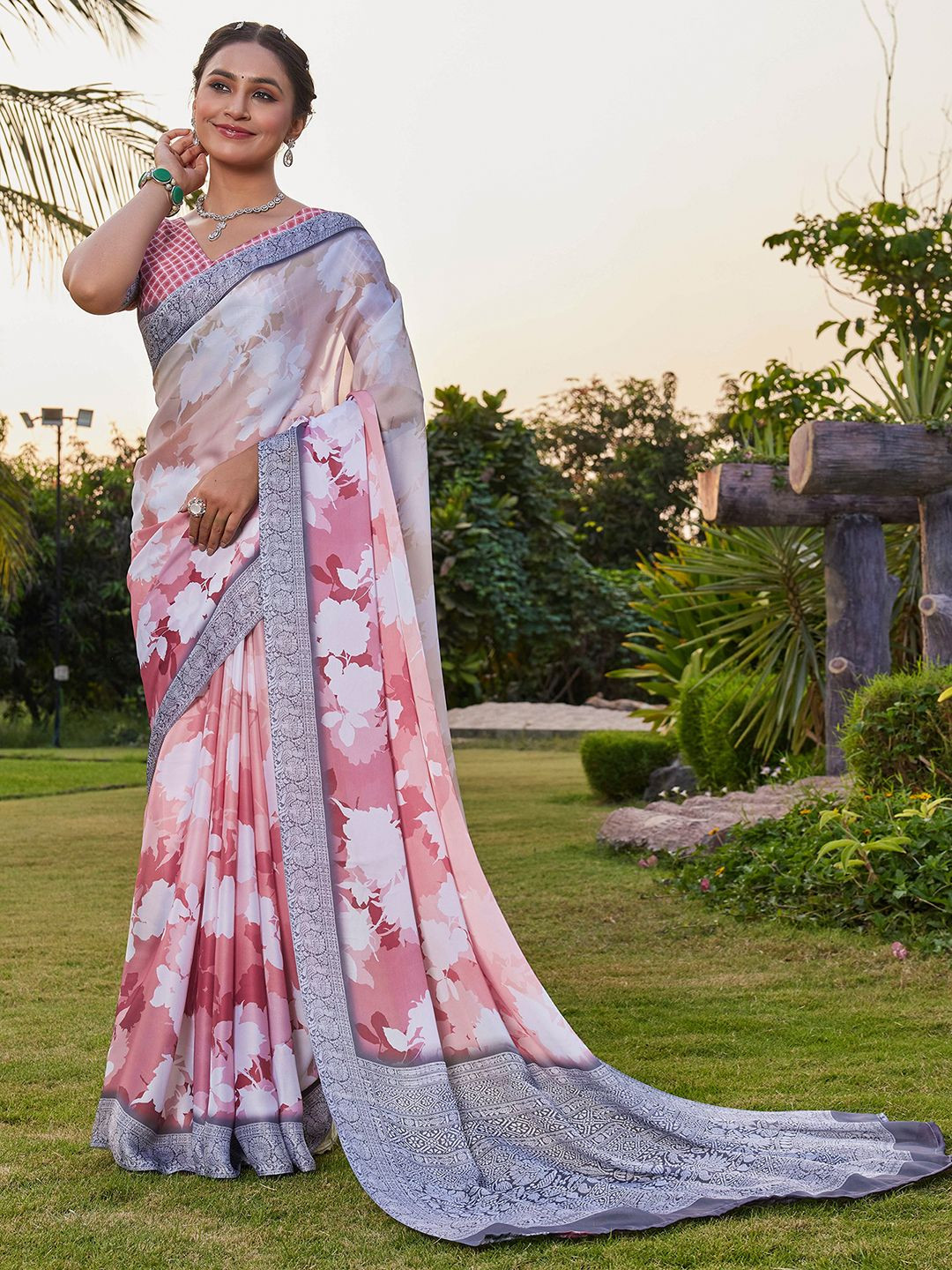 Satrani Floral Satin Designer Saree