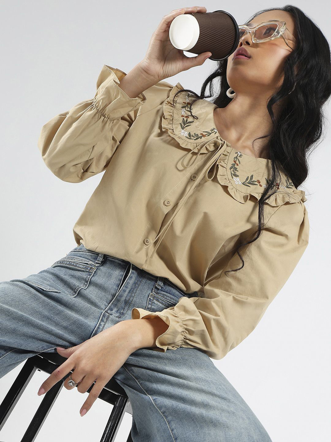 Sera Women Embriodered Peter Pan Collar Oversized Korean Shirt