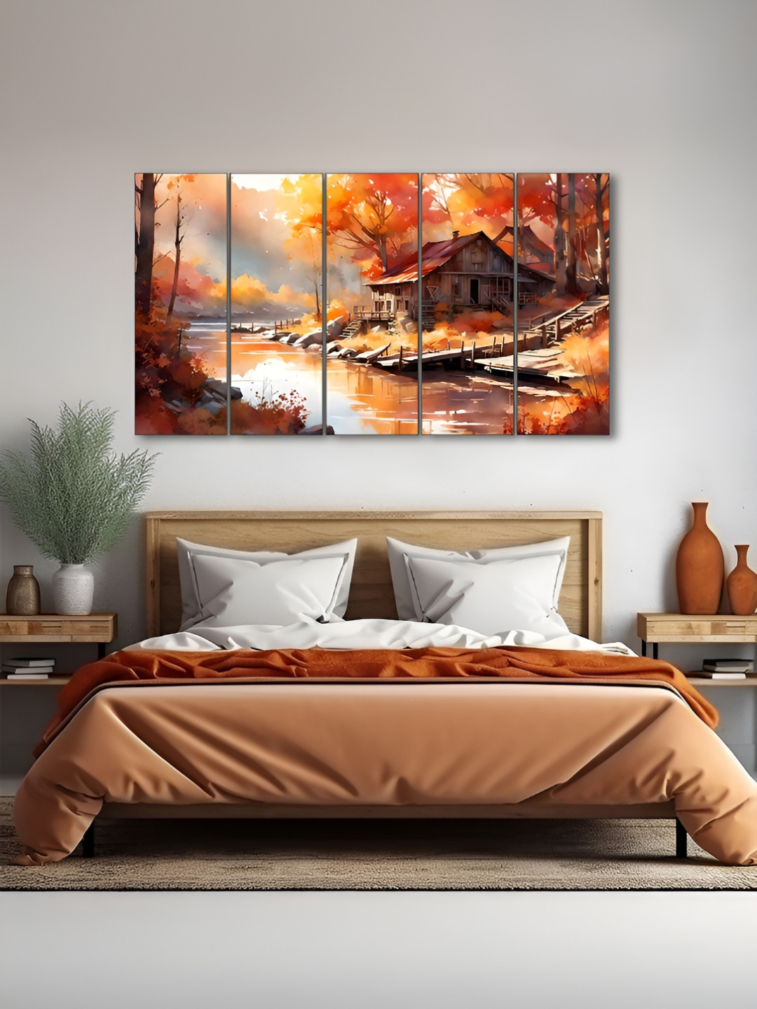 The Castle Decor Orange & Grey 5 Piece Wood Other Wall Paintings