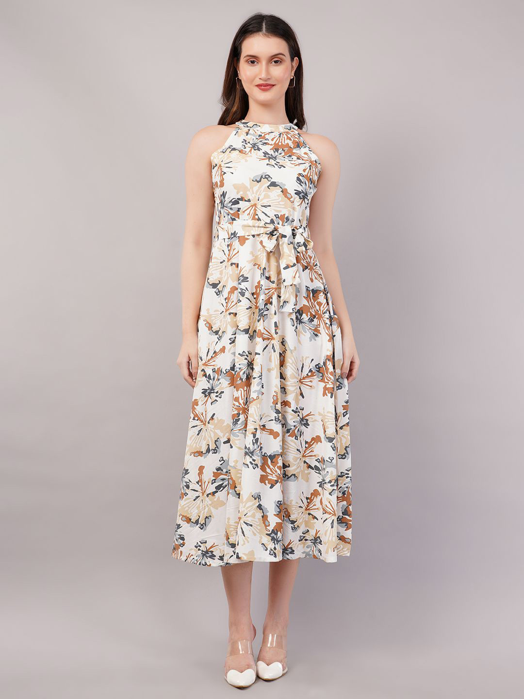 Purple State Floral Printed Halter Neck Fit & Flare Midi Dress