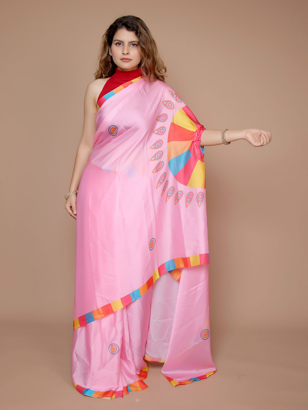 Anouk Floral Printed Satin Freehand Saree