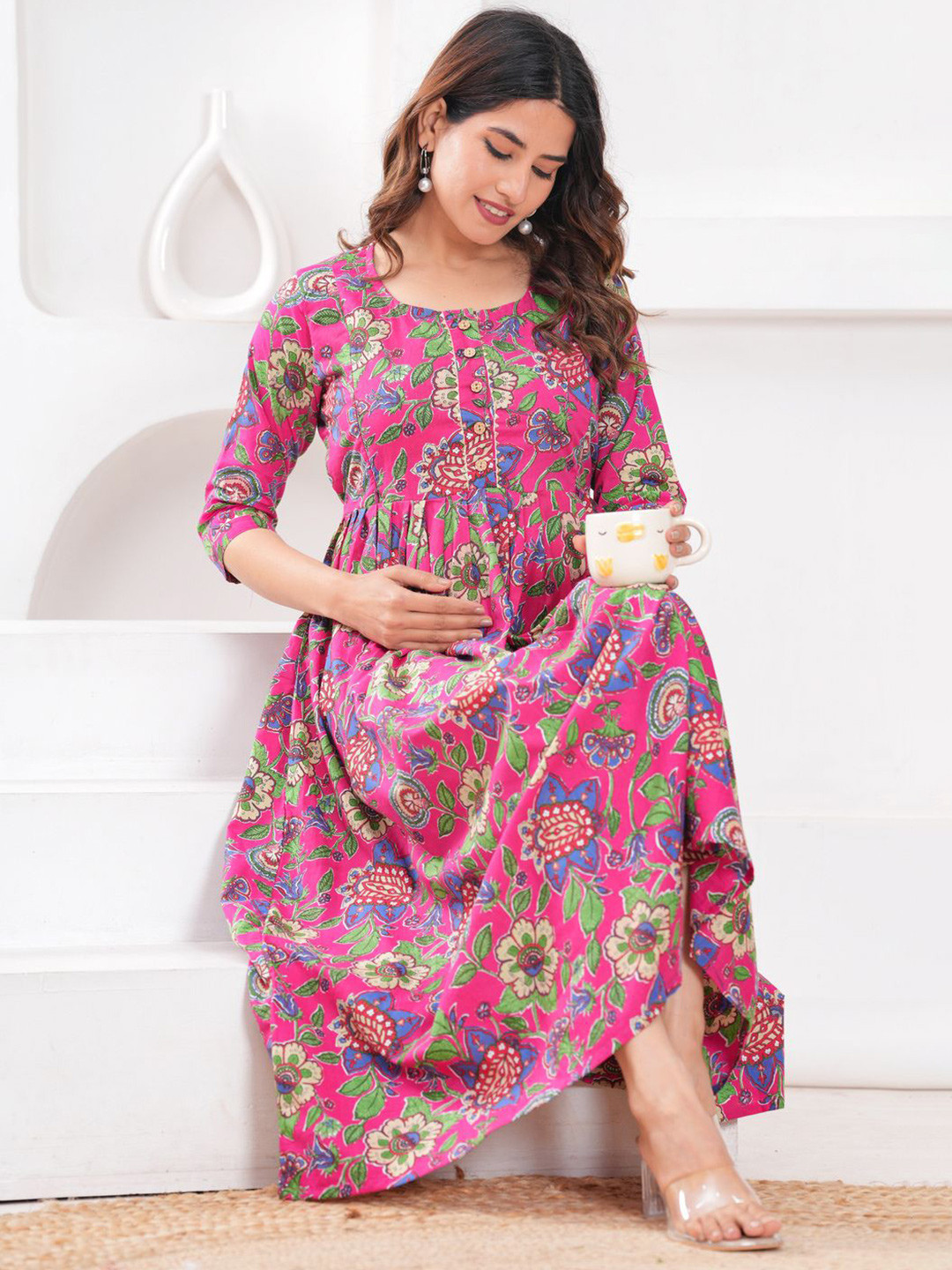 ANUOM Women Casual Floral Print Maternity Midi Dress