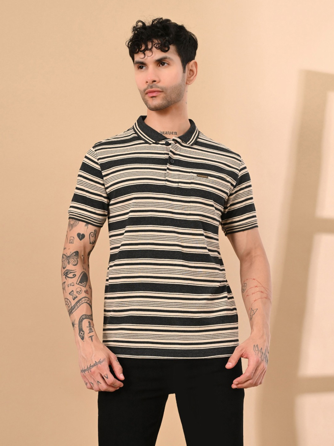 STARFOX Striped Polo Collar Cotton Round Neck T-shirt