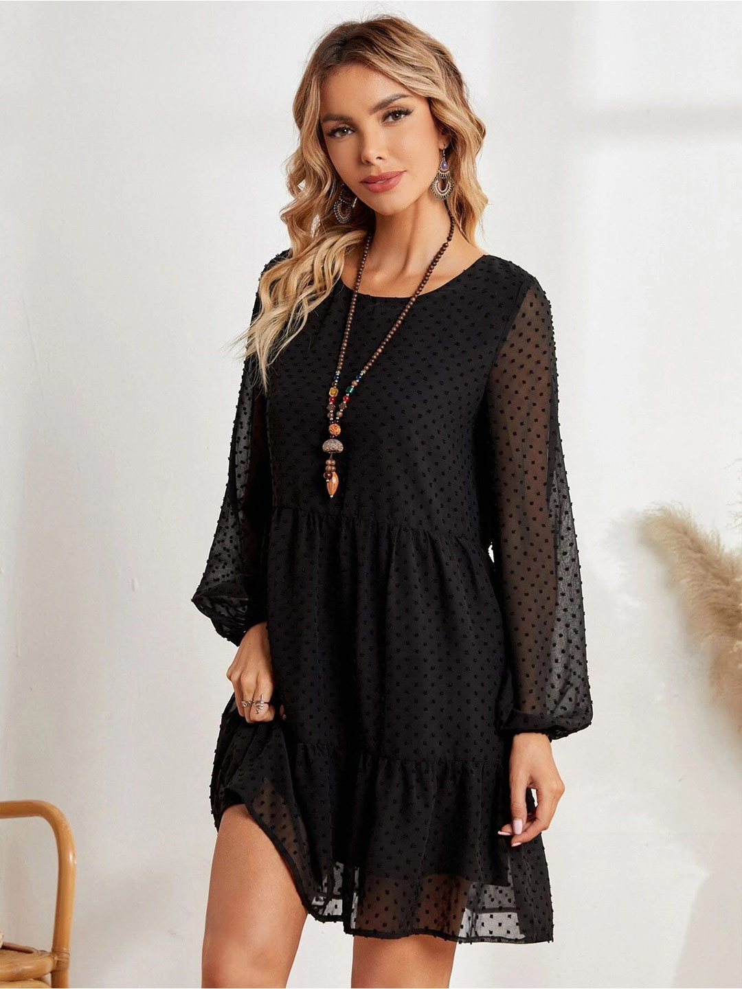 FERY LONDON Self Design Round Neck Puff Sleeves Knee Length Fit & Flare Dress