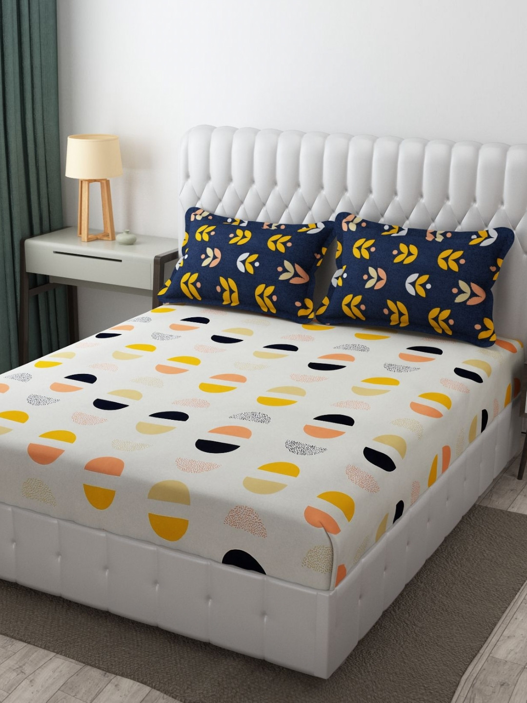 KIDS WONDERS Authentic Jaipuri Prints Beige Abstract Microfiber 160 TC Fitted King Bedsheet with 2 Pillow Covers-72 x 78 inches