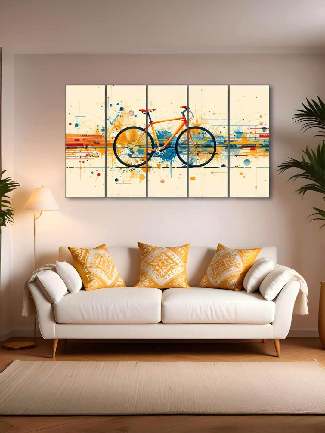 The Castle Decor Cream-Coloured & Blue 5 Pieces Cycle Printed Wall Art