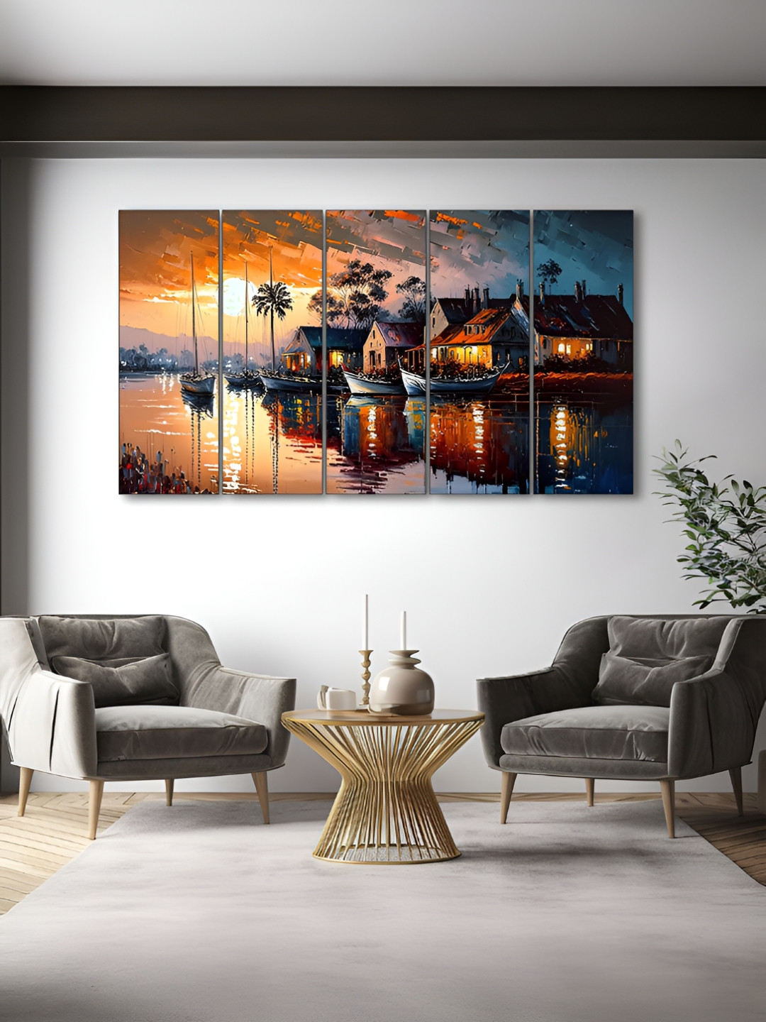 The Castle Decor Brown & Orange Colored 5 Pieces Houses Printed Wall Art