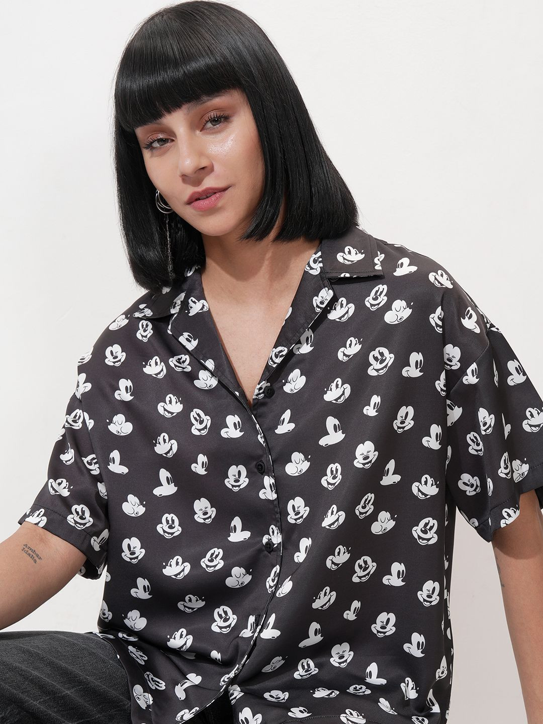 Tokyo Talkies Disney Mickey Mouse Women Satin Printed Cuban Shirt