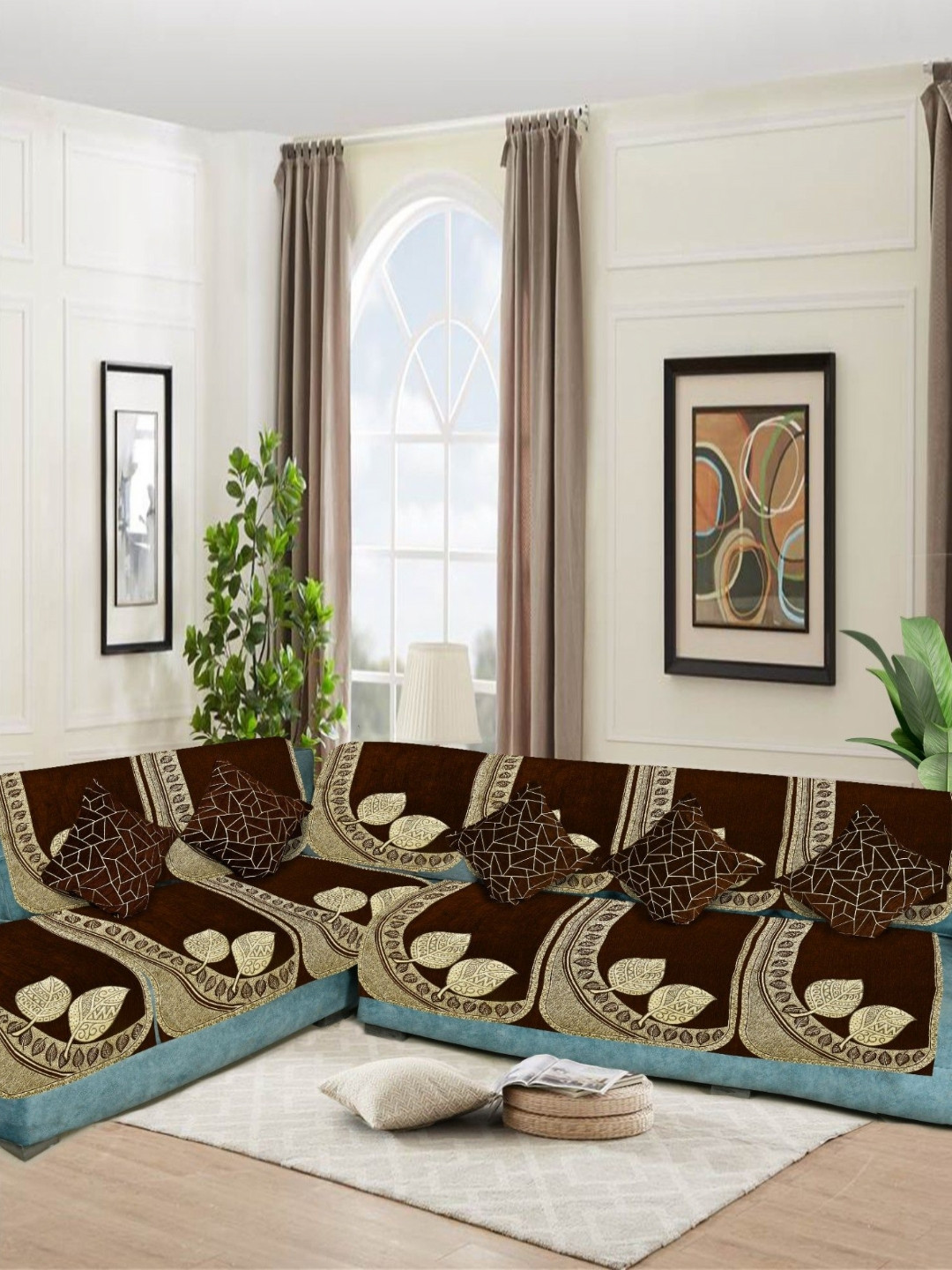 SAWNA HOMES Coffee Brown Embroidered Velvet Sofa Cover With Coushion Covers