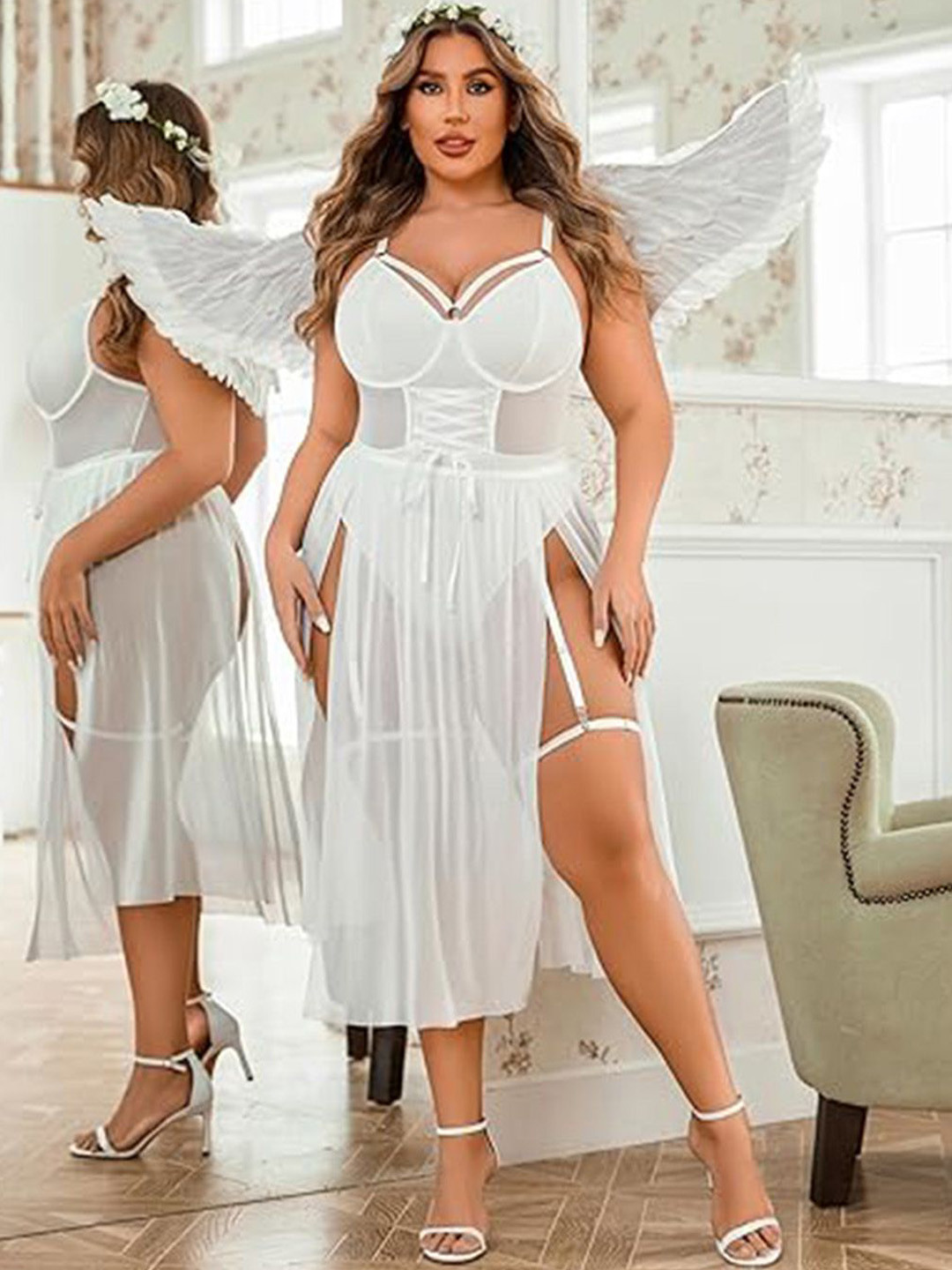Curves By ZeroKaata Plus Size Sheer Corset-Style Nightwear Baby Doll Lingerie