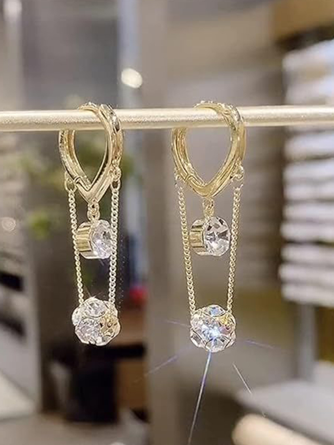Arzonai Gold-Plated Rhinestone Studded Classic Shaped Korean Drop Earrings
