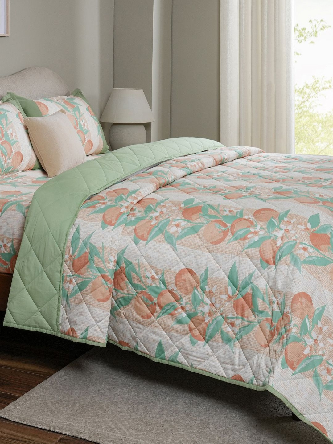 MASPAR Peach-Coloured & Green Floral Printed Cotton Double King Superfine Bedding Set