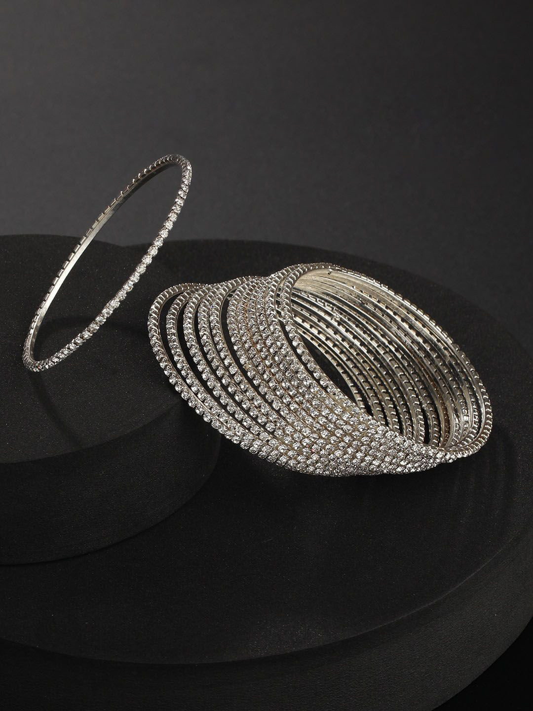 T4 JEWELS Set Of 12 Silver-Plated Zircon Stone-Studded Antique Bangles