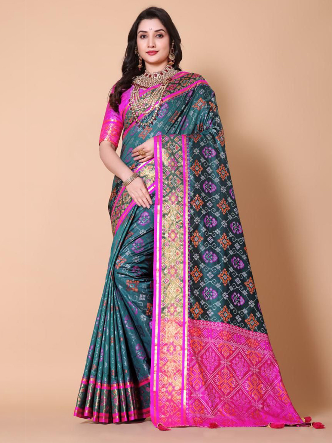 AKSH FASHION Bandhani Printed Woven Design Zari Patola Saree With Tassel Pallu