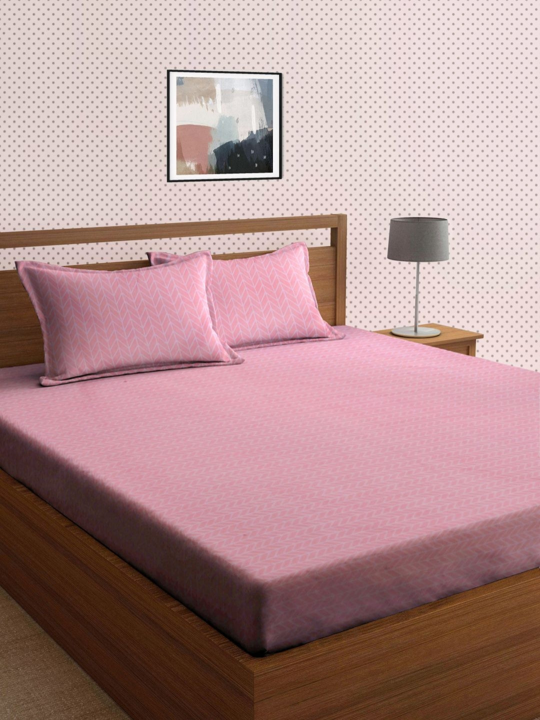 Aura Pink Geometric Cotton 300 TC King Superfine Bedsheet with 2 Pillow Covers-250 x 200 cm