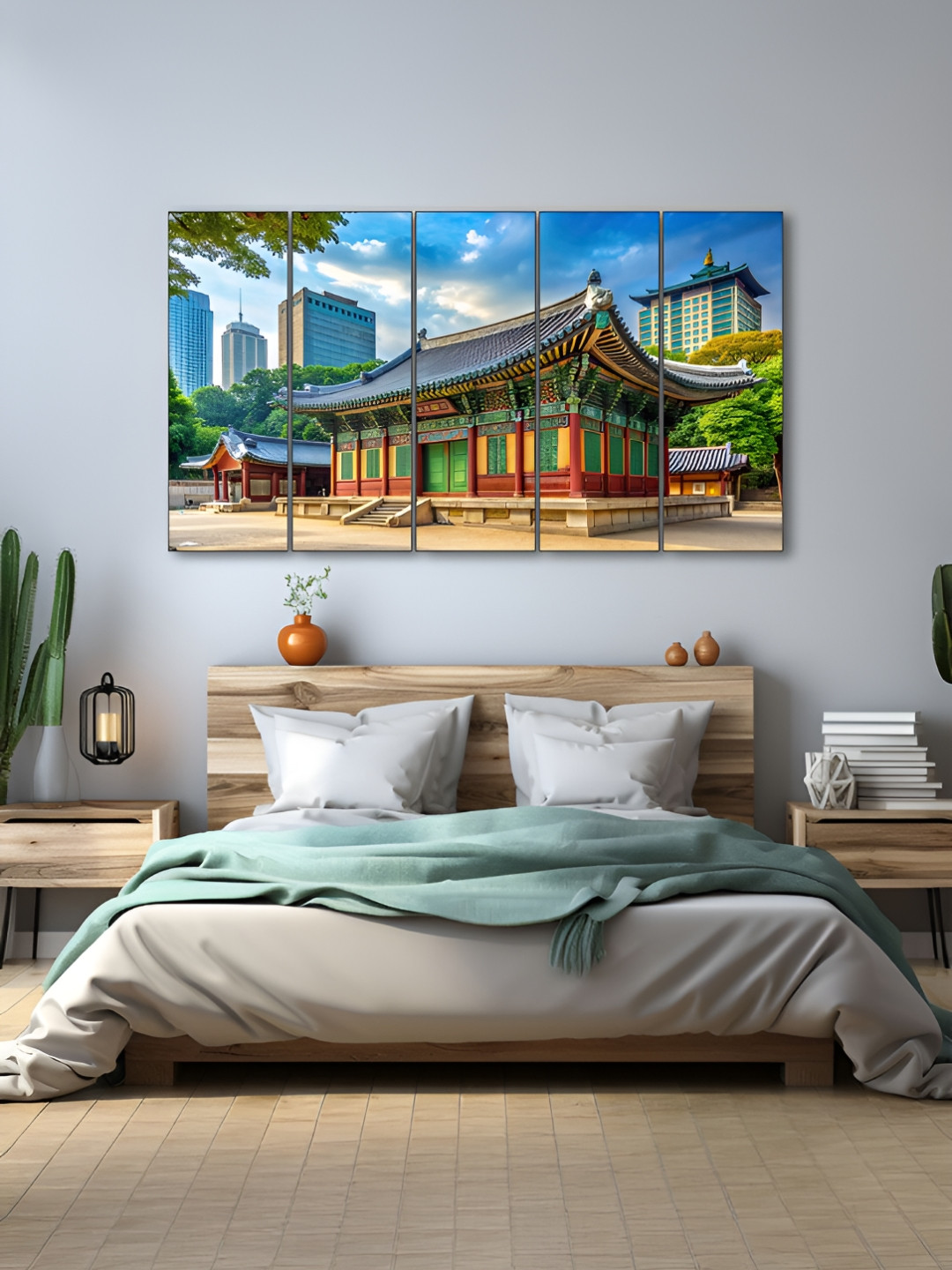 The Castle Decor Blue Wood 5 Pcs Wall Living Room Rectangle Paintings Wall Art -27 x 48In