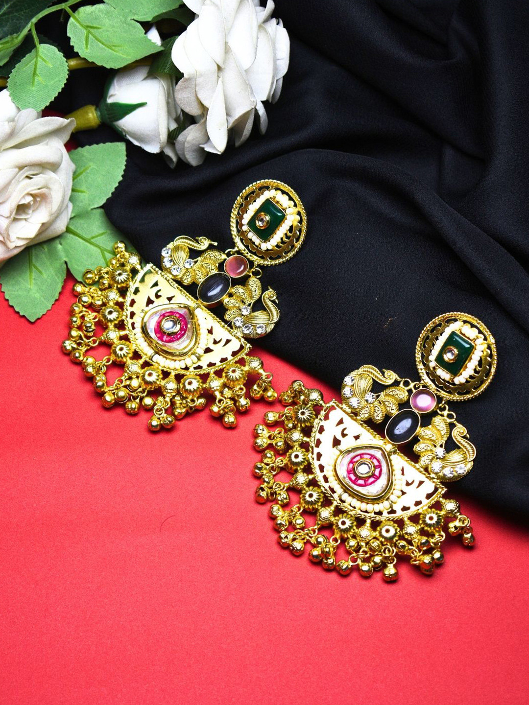 J & C Fashion Arena Gold Plated Stone Studded And Beaded Classic Chandbalis