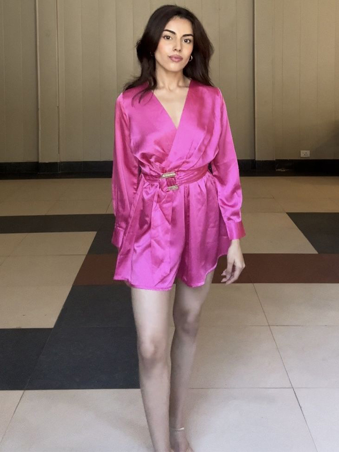 House of Sal Women Solid Pink Fit & Flare Wrap Mini Satin Playsuit