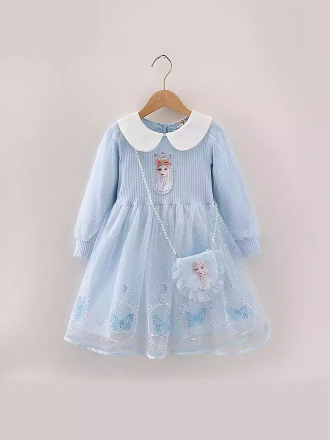 YK Girls Elsa Peter Pan Collar Cuffed Sleeve Fit & Flare Dress With Sling Bag