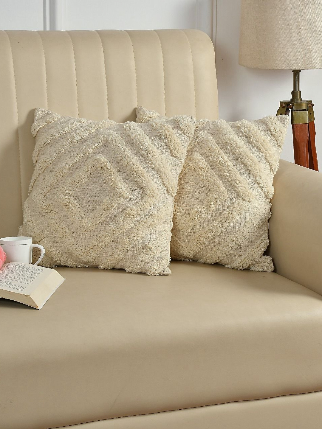 KIDS WONDERS Tufted Beige Jute Washable 2 Piece Embroidered Square Cushion Covers -16x16In