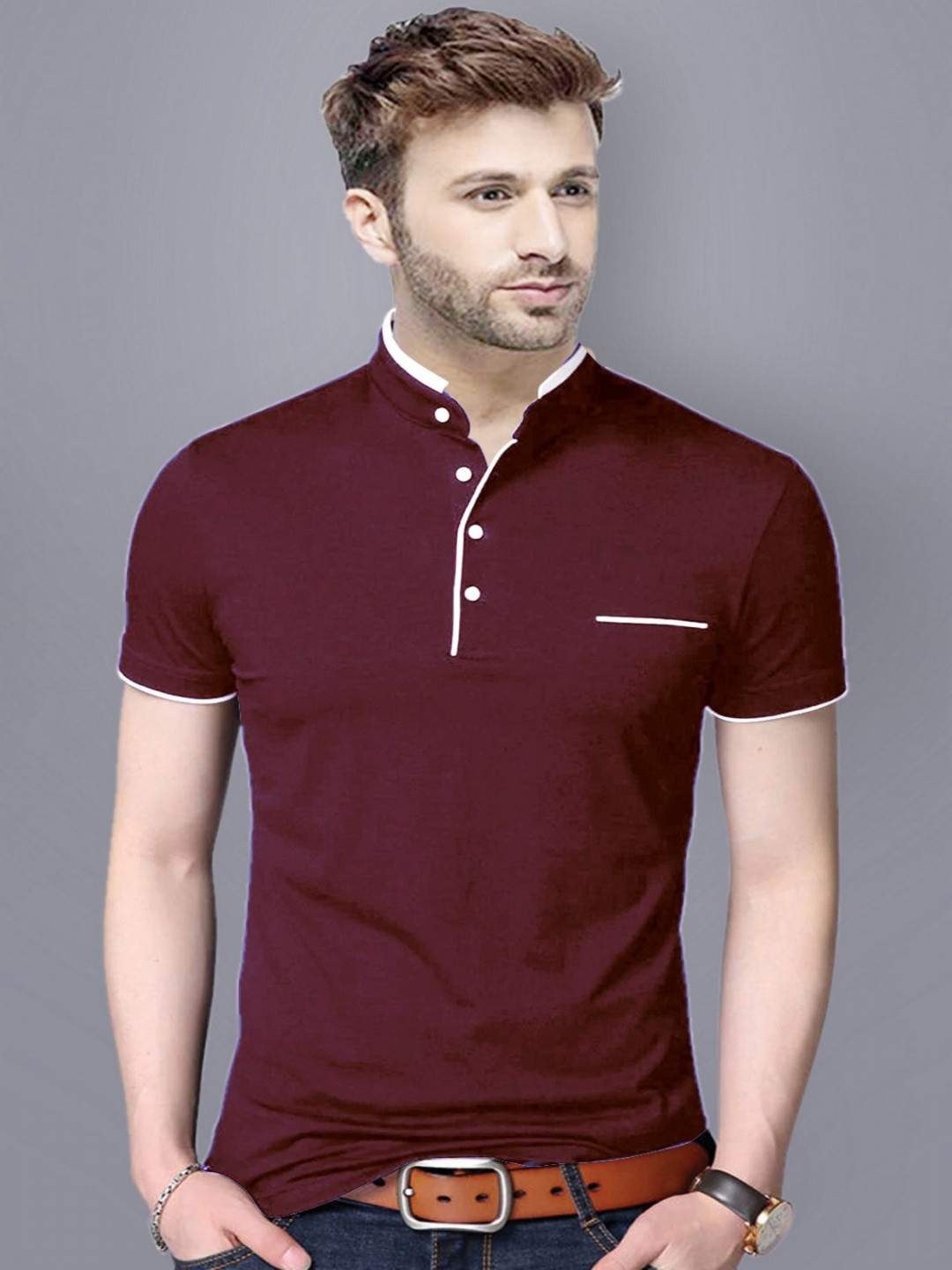 REYA Men Solid Henley Neck Cotton T-shirt