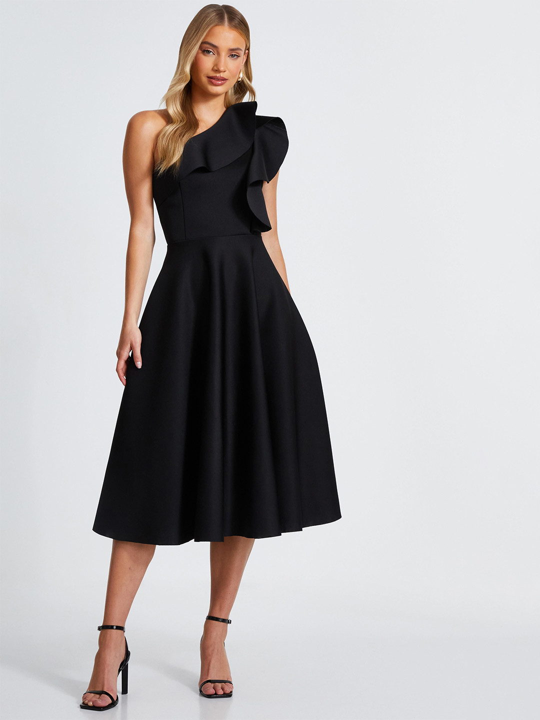 QUIZ Women One Shoulder Ruffled Fit & Flare Midi Dress