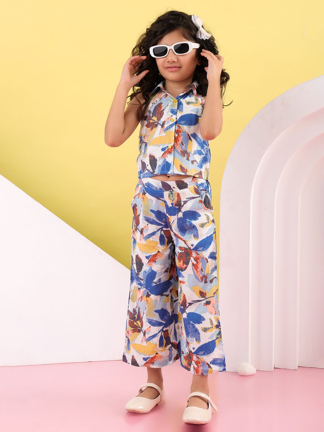 Superminis Girls Printed Shirt Collar Top With Trousers