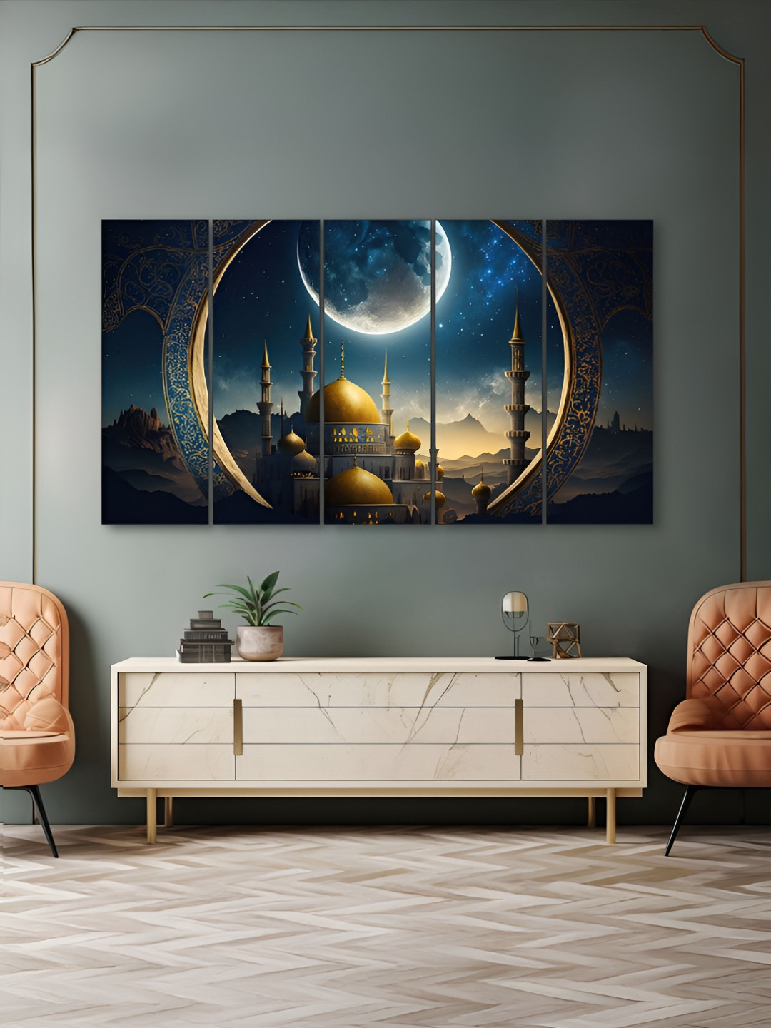 The Castle Decor Blue & Brown 5 Pieces Mosque Printed Wall Art