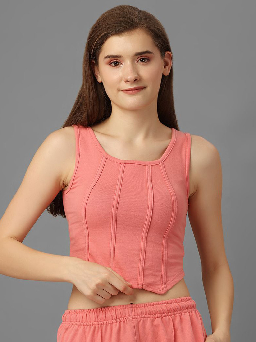 SXV STYLE Solid Vertical Stripes Scoop Neck Sleeveless Cotton Tank Crop Top