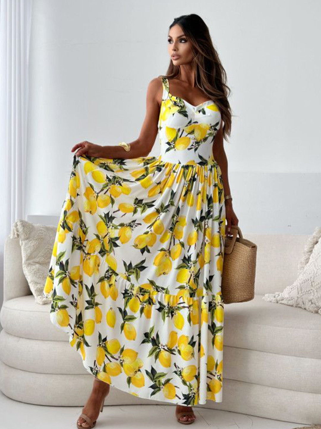 bebe Lemon Print Sweetheart Neck Shoulder Strap Maxi Dress