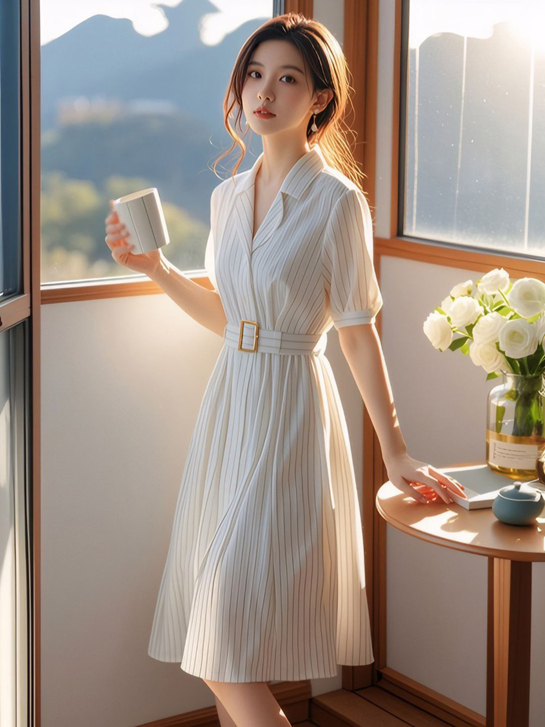 bebe White Pinstripe Collared Belted Waist Short Sleeves Midi Dress