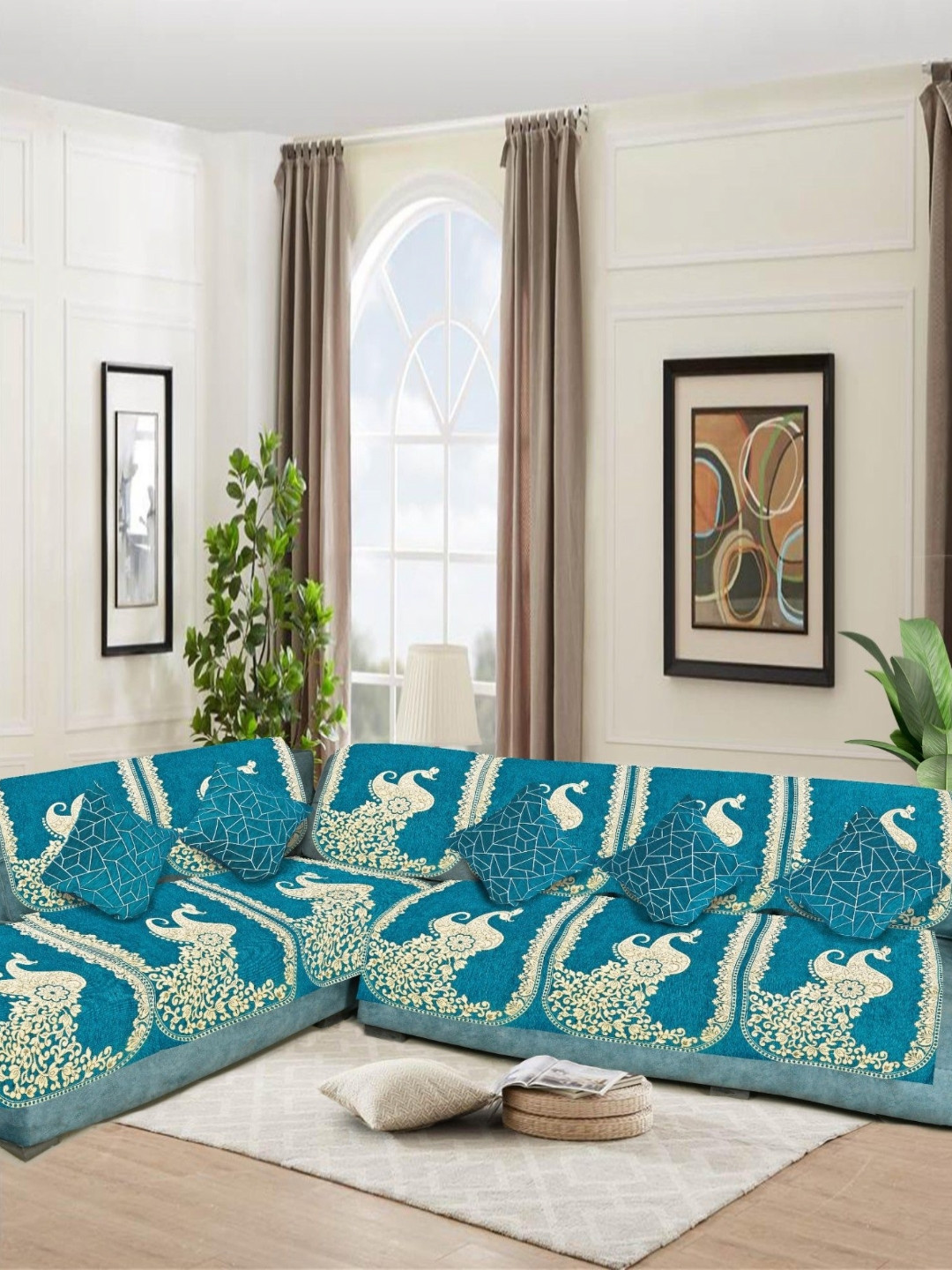 SAWNA HOMES Blue Embroidered Velvet Sofa Cover With Coushion Covers