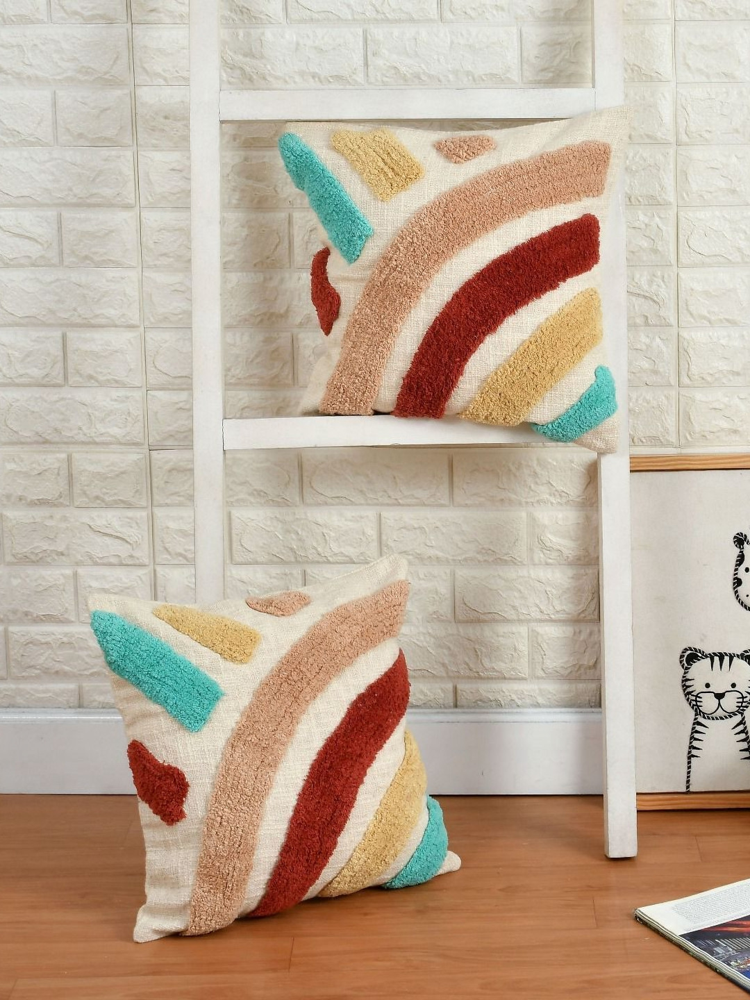 KIDS WONDERS Tufted Cream Cotton 2 Piece Embroidered Square Cushion Covers -16x16In