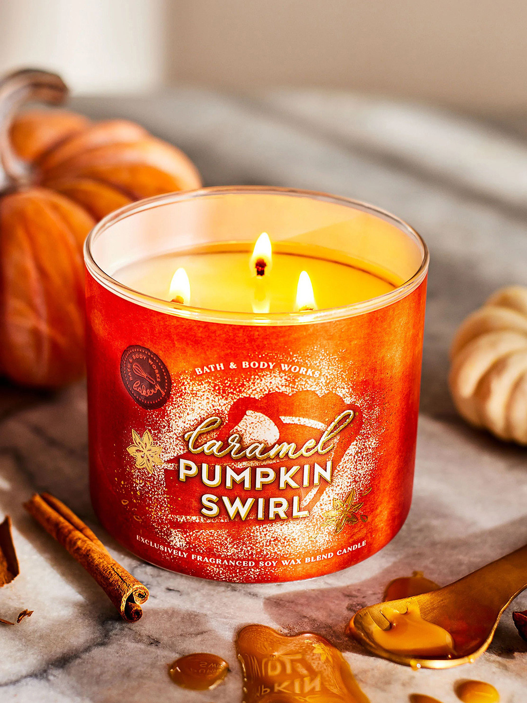 Bath & Body Works Caramel Pumpkin 3 Wick Scented Solid Geometric Regular Jar Candles