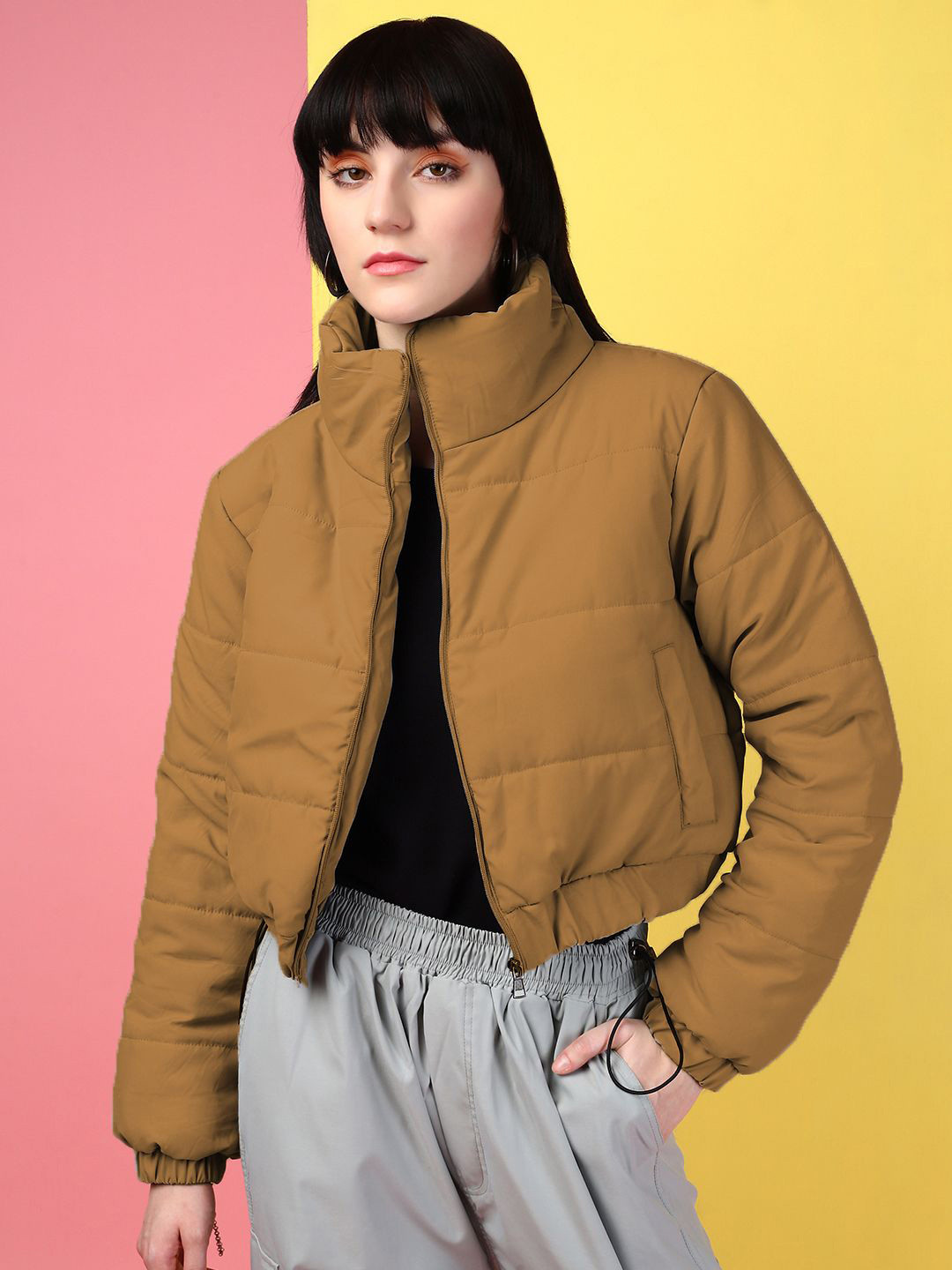 Kaali Peeli Women Solid Insulator Crop Winter Puffer Jacket