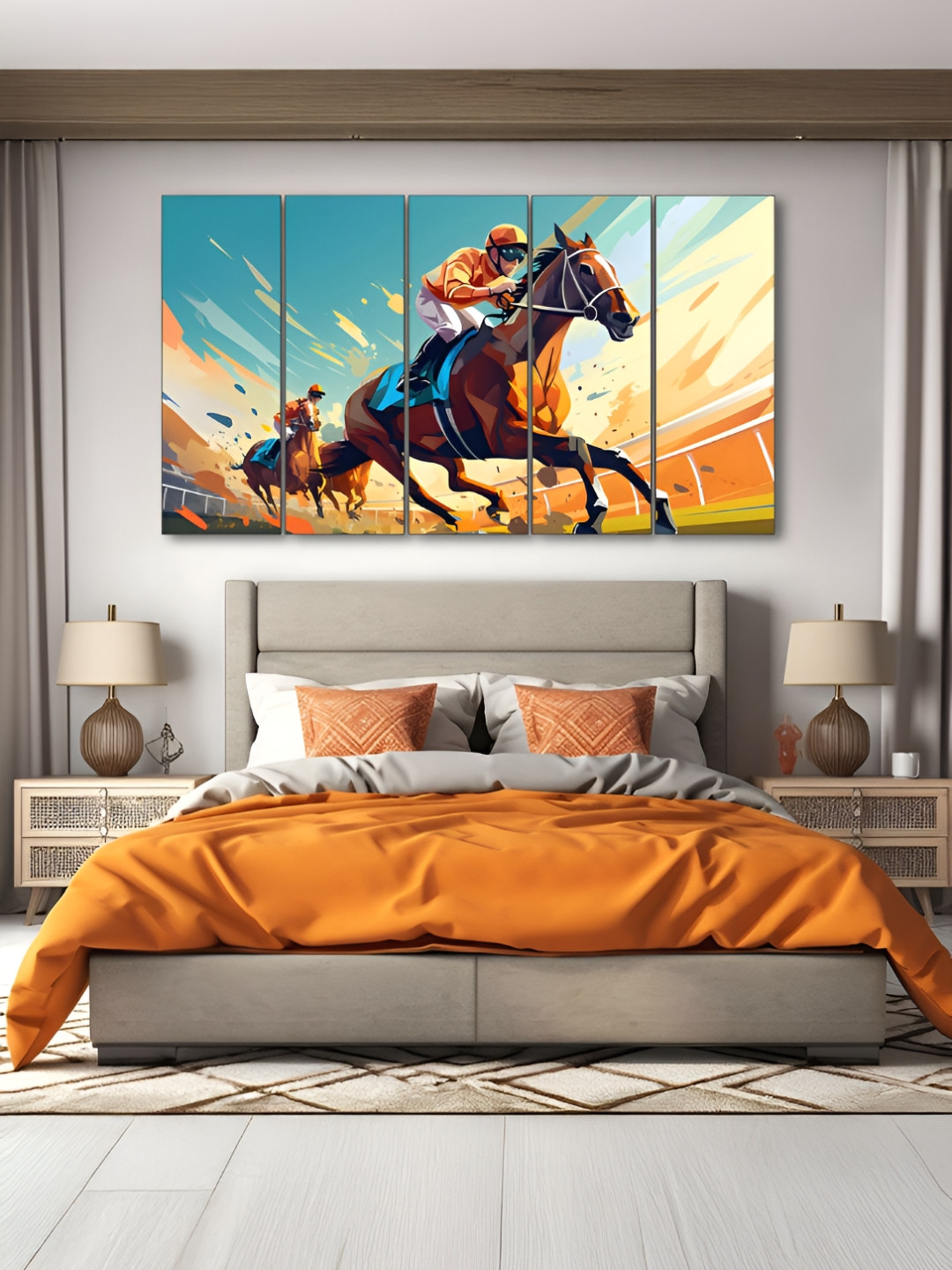 The Castle Decor Brown & Blue 5 Pieces Horse Riding Wooden Wall Arts