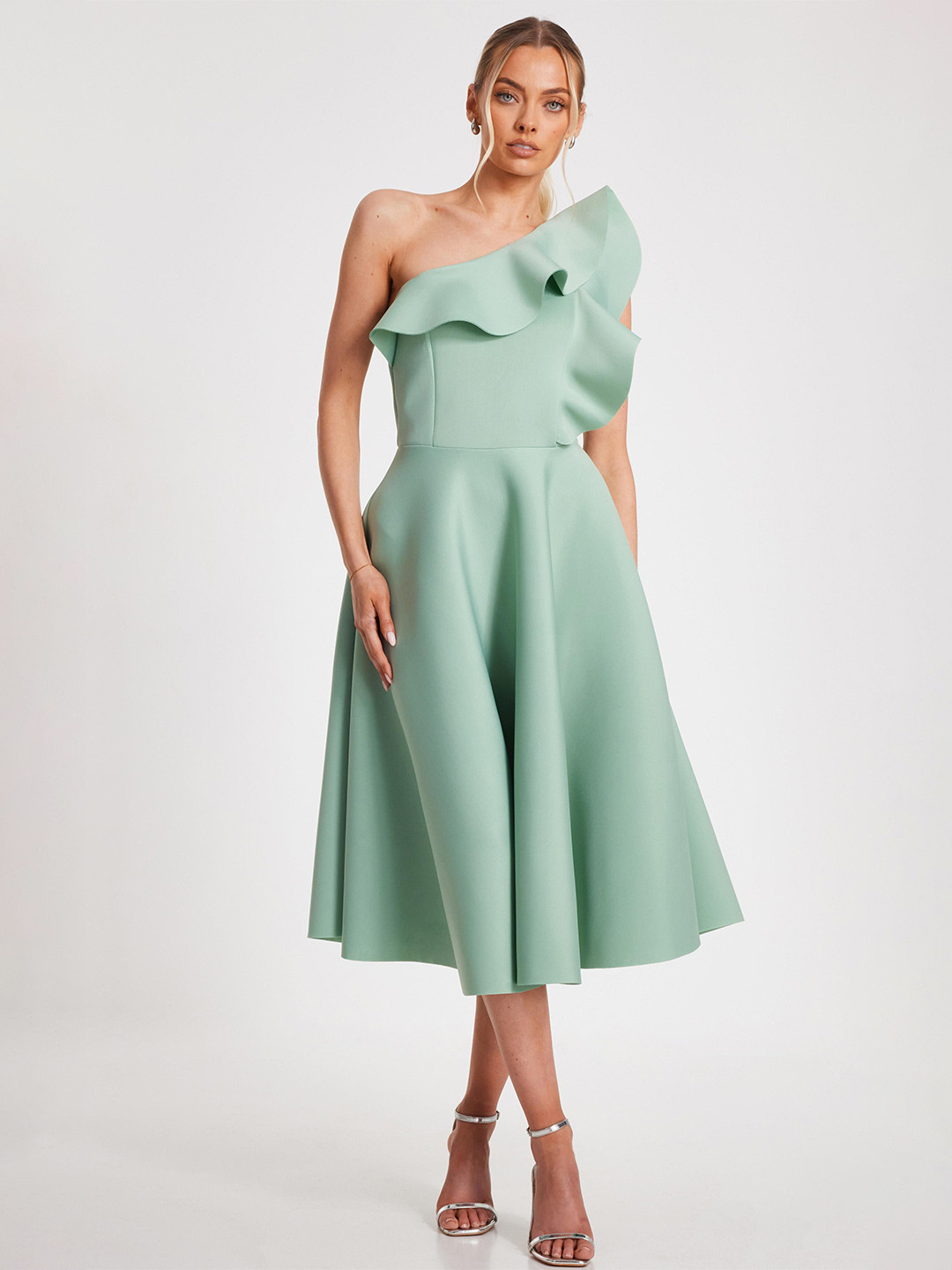 QUIZ Women One Shoulder Ruffled Fit & Flare Midi Dress