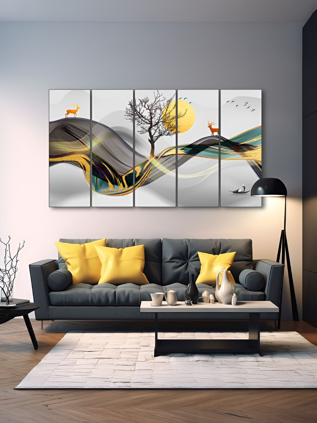 The Castle Decor Yellow & Grey 5 Pieces Deers Printed Wooden Wall Art