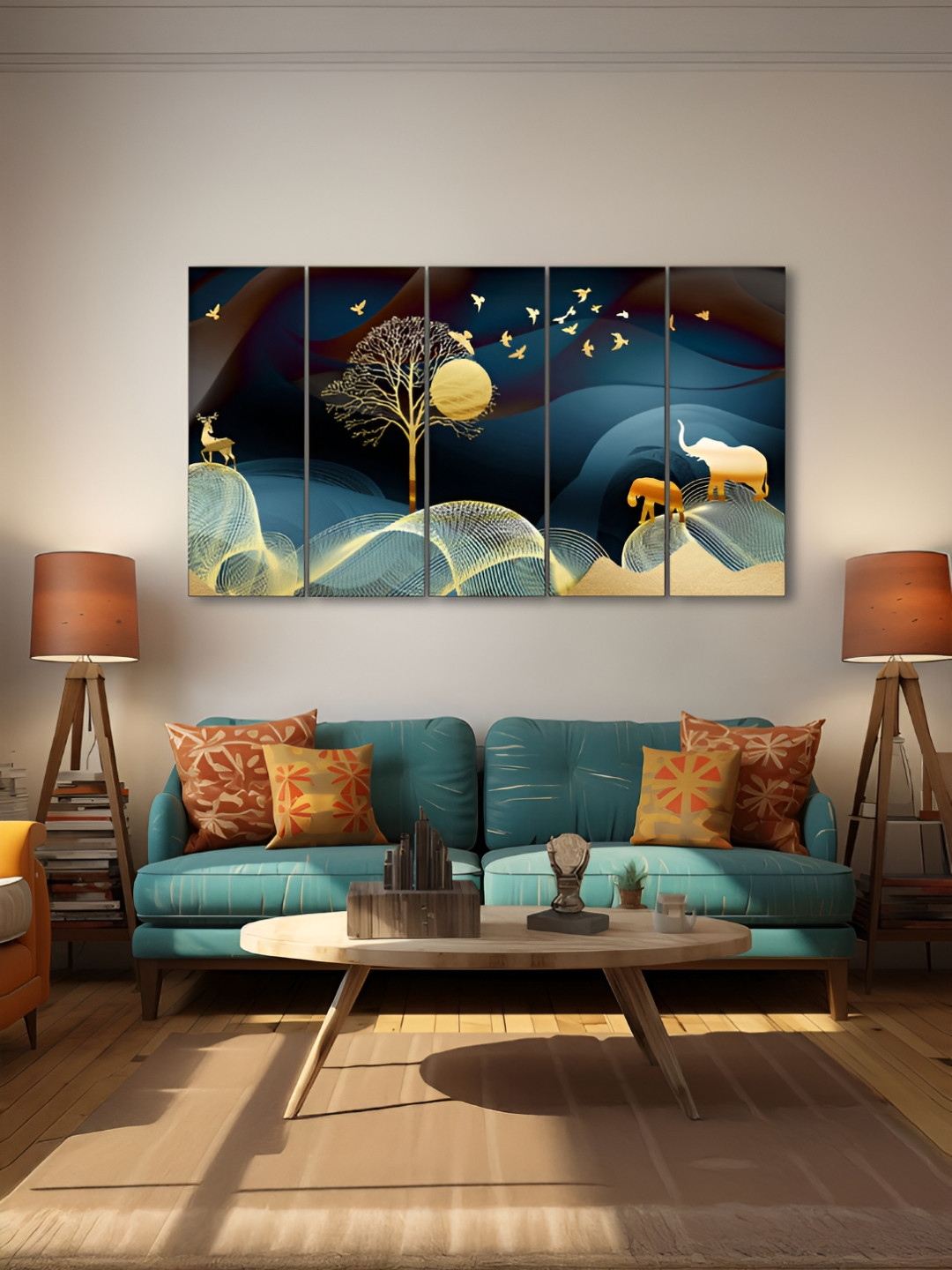 The Castle Decor Blue & Yellow 5 Pieces Elephant Wooden Wall Arts