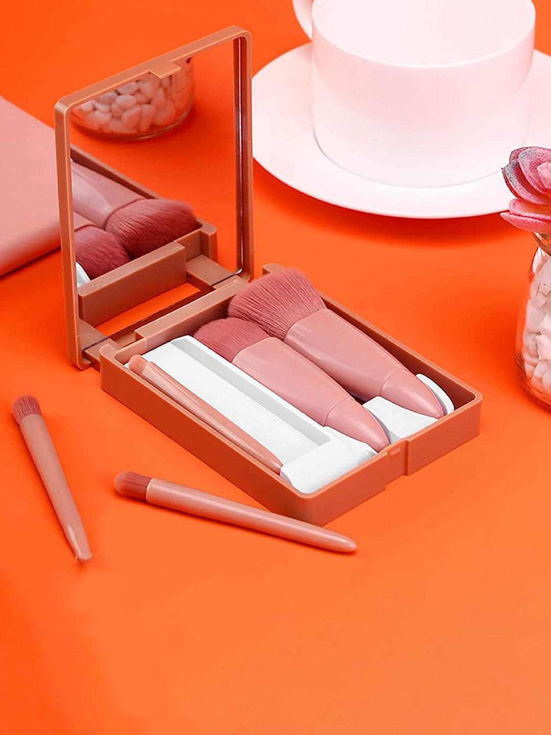 PURRPALAX Set Of 5 Makeup Brushes With Mirror - Pink