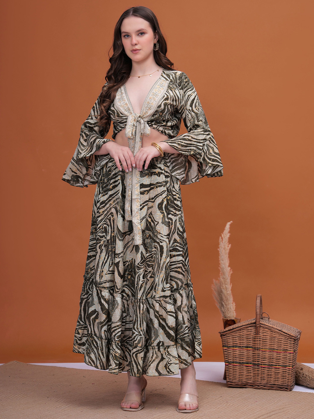 Sencei Digital Printed Ruffle Sleeve Wrap Top & Skirt